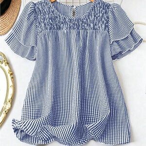 SHEIN Blue and White Gingham Blouse Shirt Top Women’s plus size 3XL